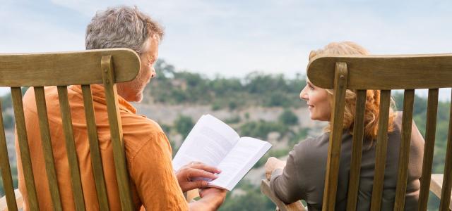 Couple reading outdoor